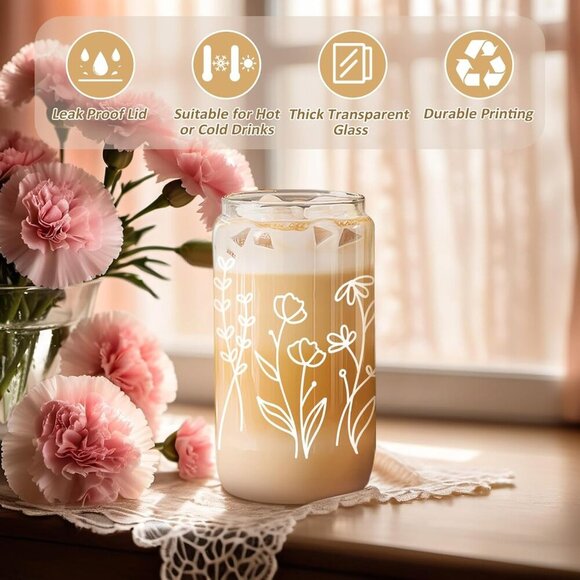 Floral Iced Coffee Cup, 16 oz Drinking Cute Glass Cups w/Lids Straws, Aesthetic - Picture 4 of 8